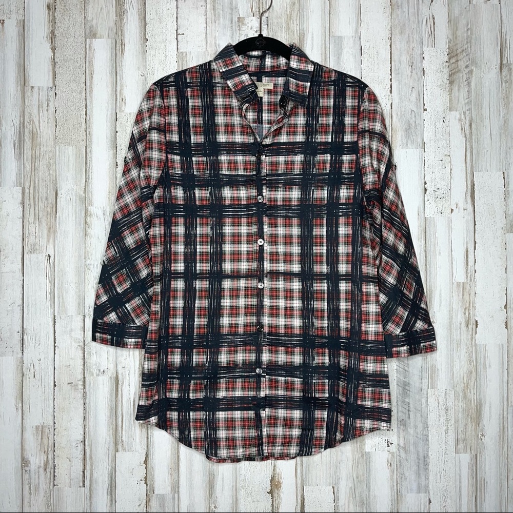 Burberry Brit Womens Blouse Small Plaid Button Up 3/4 Sleeve Red Black 100% Cott